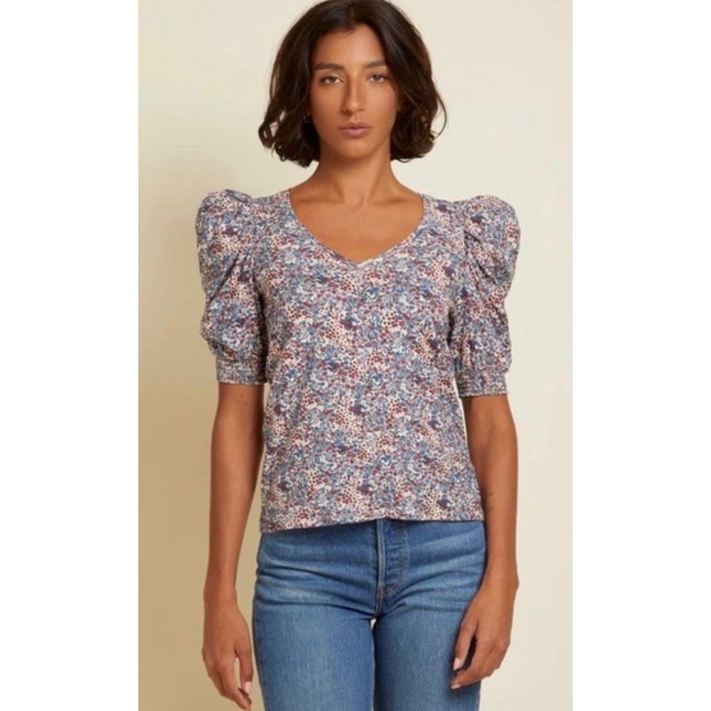 Nation LTD Celine Puff Sleeve V Neck Tee Cherry Blossom Print Size Large